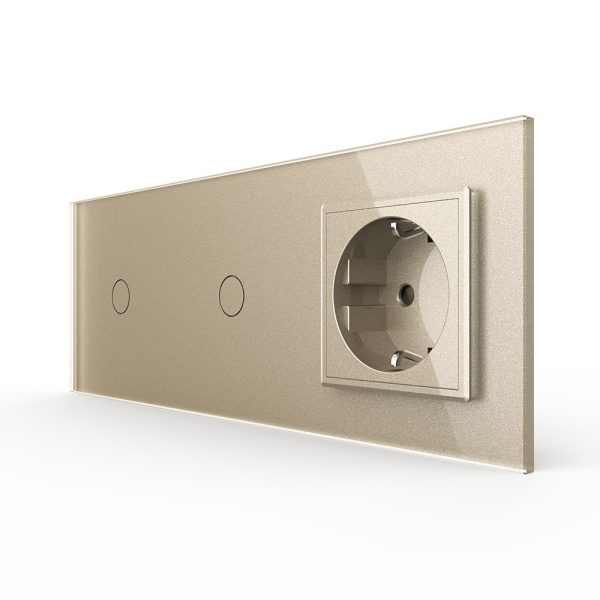 Сенсорный выключатель 2 клавиши (1-1) с розеткой 3 поста, цвет шампань Livolo