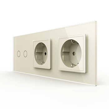 Двухклавишный сенсорный выключатель с двумя розетками 3 поста, цвет жемчужный Livolo