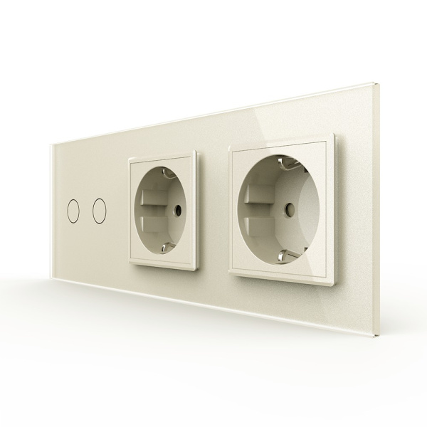 Двухклавишный сенсорный выключатель с двумя розетками 3 поста, цвет жемчужный Livolo