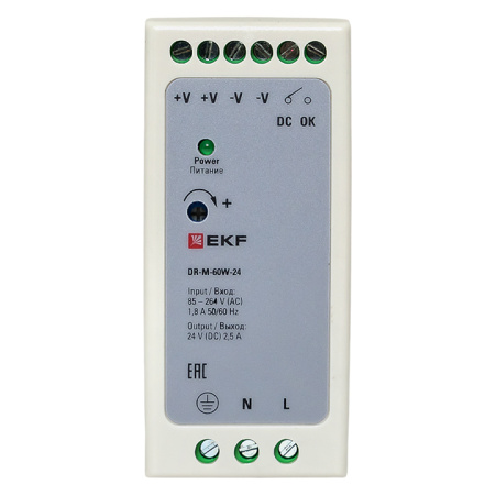 Блок питания на DIN рейку 60Вт, Uвх ~ 220 В AC m, Uвых - 24 В DC постоянного тока EKF