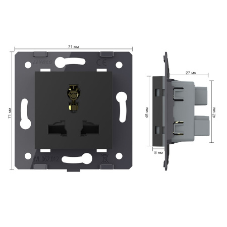 Розетка универсальная с з/з с защитными шторками 16A, цвет черный (механизм) Livolo