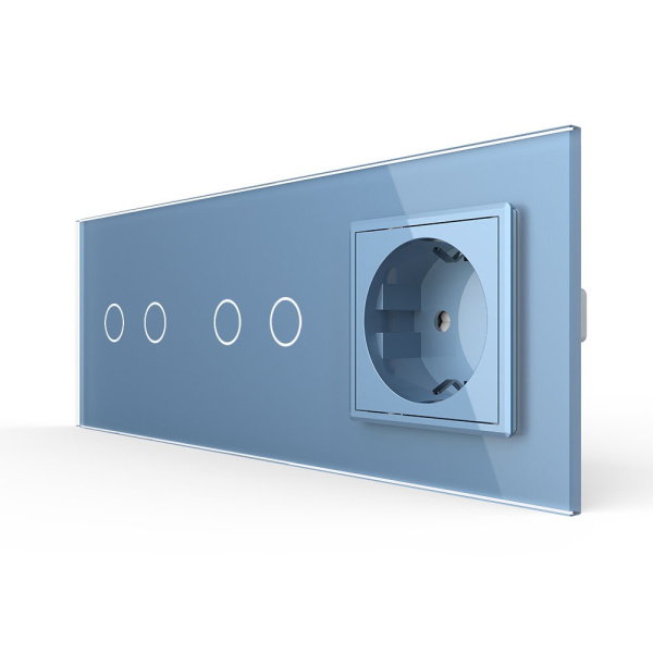 Сенсорный выключатель комбинированный на 4 линии 1 розетка 3 модуля Синий Livolo