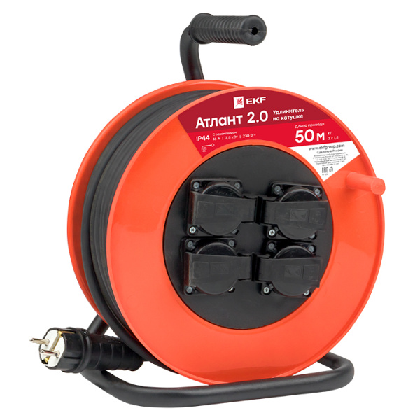 Удлинитель на катушке "Атлант 2,0" 4 гнезда 50м с заземлением КГ 3*1,5 16А/3,5кВт IP44 PROxima EKF