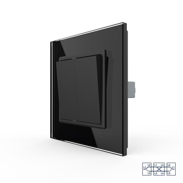 Двухклавишный перекрестный механический выключатель 1 пост, цвет черный Livolo