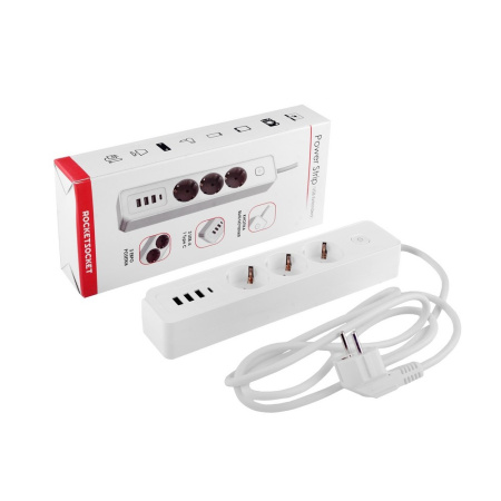 Удлинитель Power Strip USB Extended 3 Euro 16А, 4 USB 3A+C с блоком 5В/3.4А, кабель 1,4м RocketSocket, цвет белый