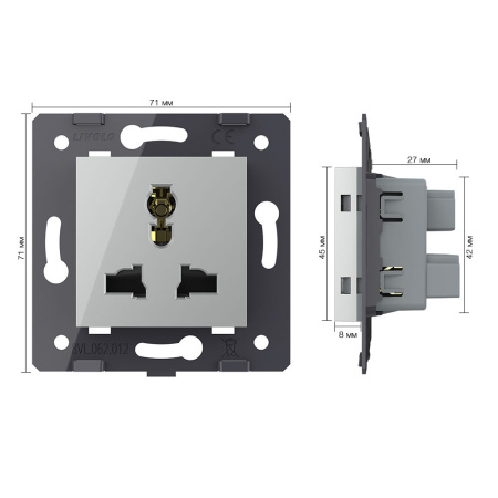 Розетка универсальная с з/з с защитными шторками 16A, цвет серый (механизм) Livolo