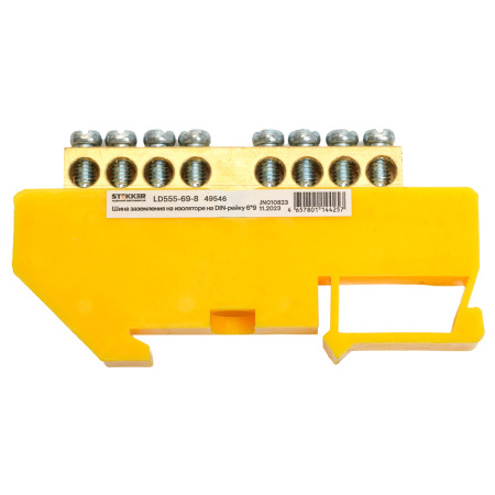 Шина "PE" на изоляторе STEKKER 6*9 на DIN-рейку 8 выводов, желтый, LD555-69-8