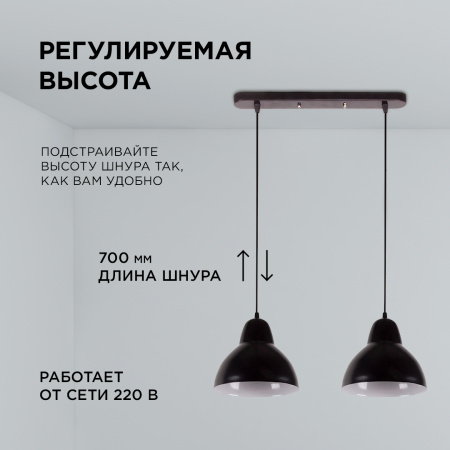16-67 (2019/2) Светильник декоративный, подвесной, 230В/50Гц, 2хЕ27, мах 40Вт, 485х700х205мм, IP20, металл, чёрный, крепление на планку, ла... APEYRON