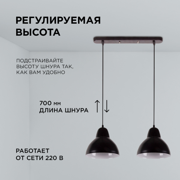 16-67 (2019/2) Светильник декоративный, подвесной, 230В/50Гц, 2хЕ27, мах 40Вт, 485х700х205мм, IP20, металл, чёрный, крепление на планку, ла... APEYRON