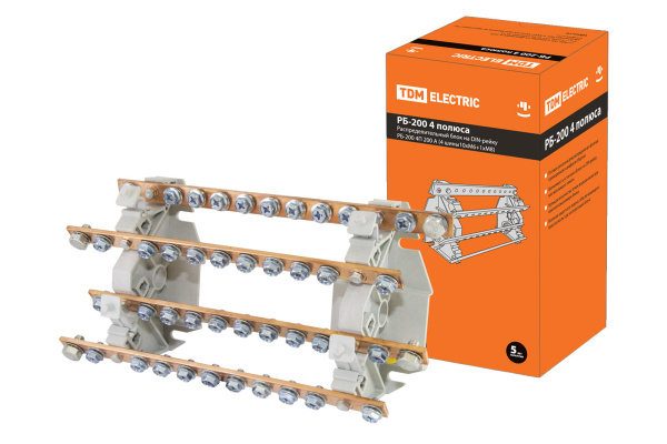 Распределительный блок на DIN-рейку РБ-200 4П 200А (4 шины 10xM6+1хM8) TDM Распределительный блок на DIN-рейку РБ-200 4П 200А (4 шины 10xM6+1хM8) TDM