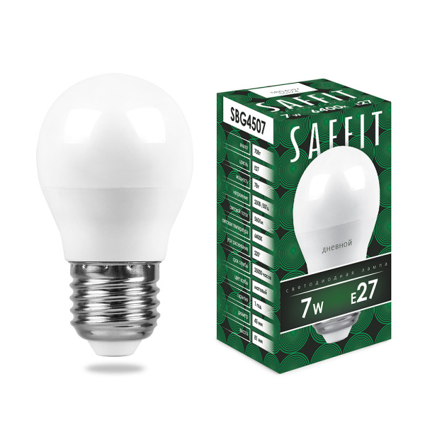 Лампа светодиодная SAFFIT SBG4507 Шарик E27 7W 6400K Лампа светодиодная SAFFIT SBG4507 Шарик E27 7W 6400K
