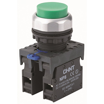 Кнопка упр. выступ., NP8-01GND/3 подсвет., самовозв., зелен., AC110-230В(LED), 1НЗ, IP65 (R) CHINT