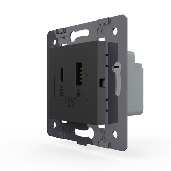 Розетка USB type C+A с блоком питания 36W, цвет черный (механизм) Livolo