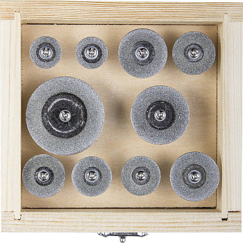 Набор "ЭКСПЕРТ" Мини-круги с алмазным напылением на шпильке, дерев. бокс, d 16-40, P200, хвост. d 3мм, 10 предм ЗУБР