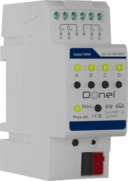 Donel KNX Бинарный вход 4-канальный Вход 0–265 В AC/DC, макс. 2 мА, 0–3 В для «0», 9–265 В для «1», длина кабеля ≤100 м (1,5 мм2) Cерия DKNX