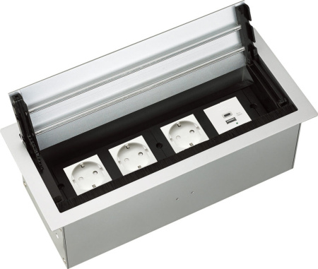 Donel Настольный встраиваемый розеточный блок с откидной крышкой 8 мод. (4 мод. 45х45), алюминий