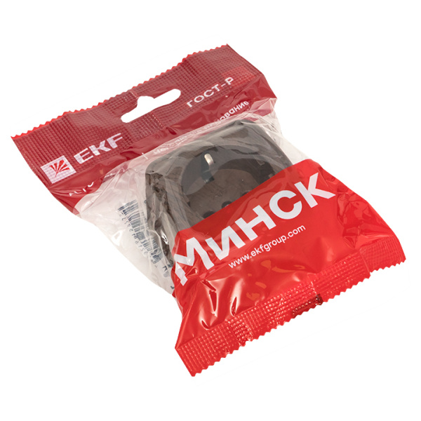 Минск Розетка 1-местная ОП 16А с заземлением тёмное дерево EKF