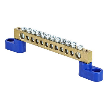 Шина "0" N (6х9мм) 12 отверстий латунь 2 синих угловых изолятора розничный стикер PROxima EKF