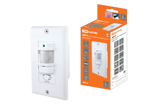 Датчик движения встраив. в стену ДДВ-02 1200Вт, 10-1800с, 9м, 10Лк, 140гр, IP20, TDM