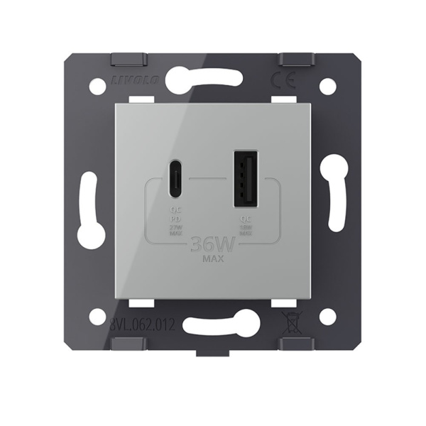 Розетка USB type C+A с блоком питания 36W, цвет серый (механизм) Livolo
