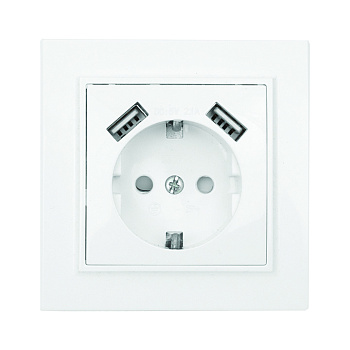 Минск Розетка 1-местная СП с/з 16А белая с защ, штор, с 2 USB 2,1А EKF