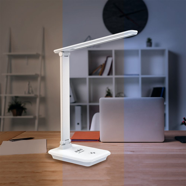 Настольный светодиодный светильник Feron DE1728 10Вт, 3000-6000К, 100-240В, белый, с наличием беспроводной зарядки для телефона