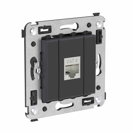 Компьютерная розетка RJ-45 без шторки в стену, кат.6 одинарная экранированная, "Avanti", "Черный матовый" DKC