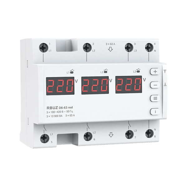 Реле напряжения 6 мод.63А на DIN-рейку 3х1ф, 3ф 220-380V RBUZ