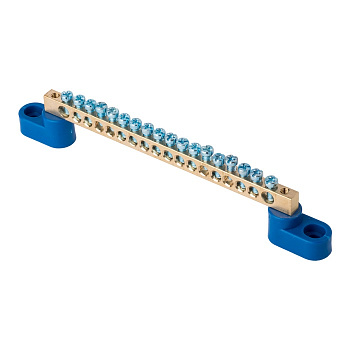 Шина "0" N (6х9мм) 18 отверстий латунь 2 синих угловых изолятора PROxima EKF