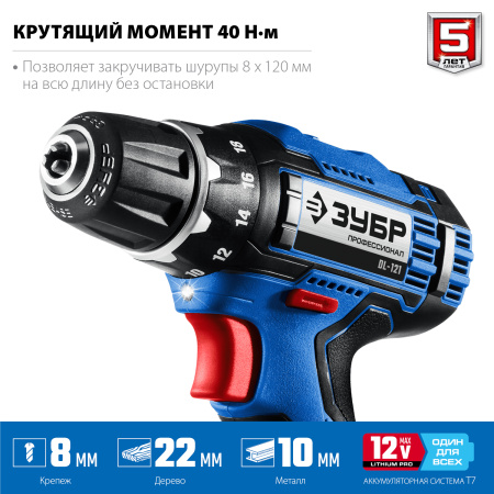 12В + LED фонарь, 2 АКБ (2Ач), в кейсе, дрель-шуруповерт, Профессионал. DL-121-22F ЗУБР