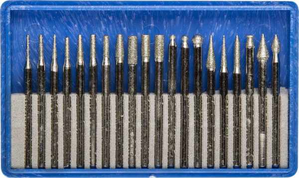 Набор : Мини-насадки с алмазным напылением в пластиковом боксе, P=180, хвостовик d=3мм, 20 предметов ЗУБР