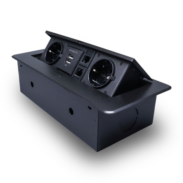 Розетка горизонтальная выдвижная 2 Euro 16А, 2 USB A с блоком 5В/2.1А, 2 RJ45 RocketSocket, проводка, цвет черный