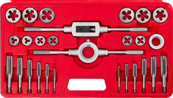 27 предметов, набор метчиков и плашек в пластиковом боксе, сталь 9ХС ЗУБР