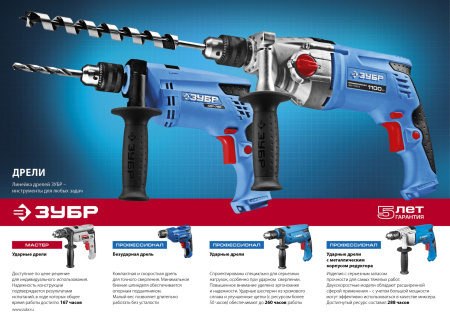 1100 Вт ударная 2-х скоростная дрель, серия Профессионал ЗУБР