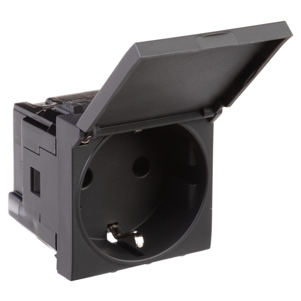Розетка с крышкой модульная, 2P+E, с з/ш, "Avanti", "Черный матовый", 2модуля DKC