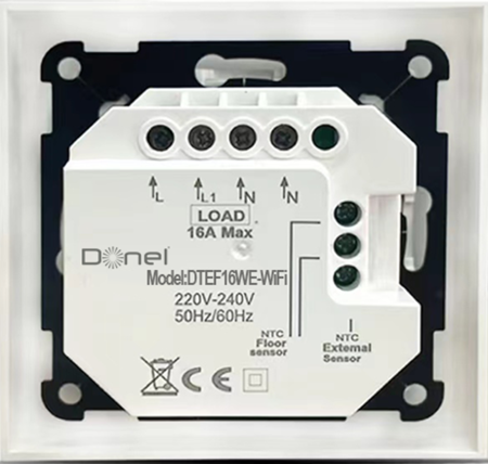 Donel Термостат с датчиком пола, с недельным программированием, с Wi-Fi, 16 A, 55*55 мм., белое стекло, серия DTEF
