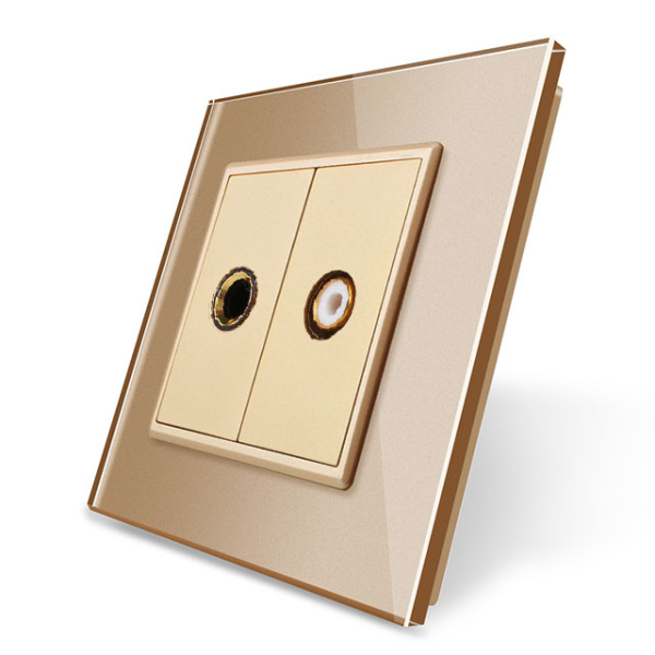 Розетка микрофон TRS 6.3 JACK / видео RCA "тюльпан" Золотая Livolo