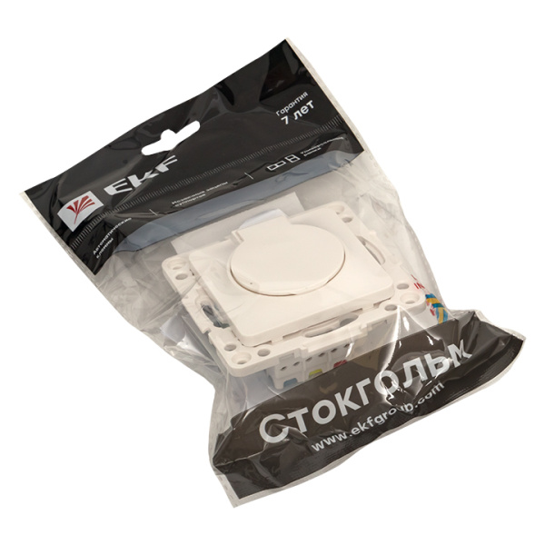 Стокгольм Механизм Розетки 1-местной с/з 16А белый с крышкой и защ, штор, IP44 EKF