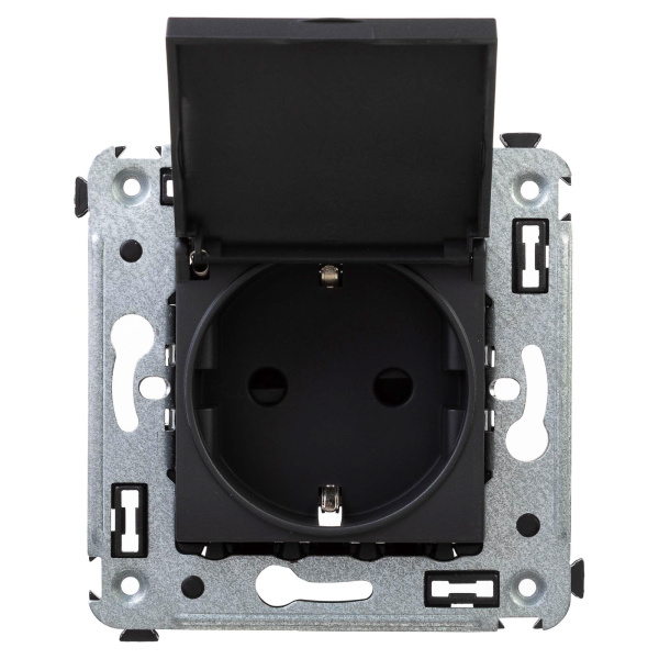 Розетка с крышкой в стену, 2P+E, с з/ш, "Avanti", "Черный матовый" DKC