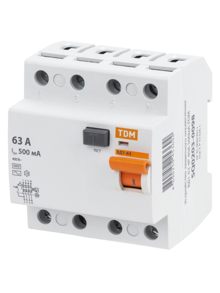 Устройство защитного отключения УЗО ВД1-63 4П 63А 500мА TDM