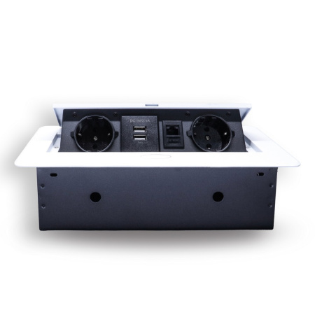 Розетка горизонтальная выдвижная 2 Euro 16А, 2 USB A с блоком 5В/2.1А, RJ45 RocketSocket, проводка, цвет белый