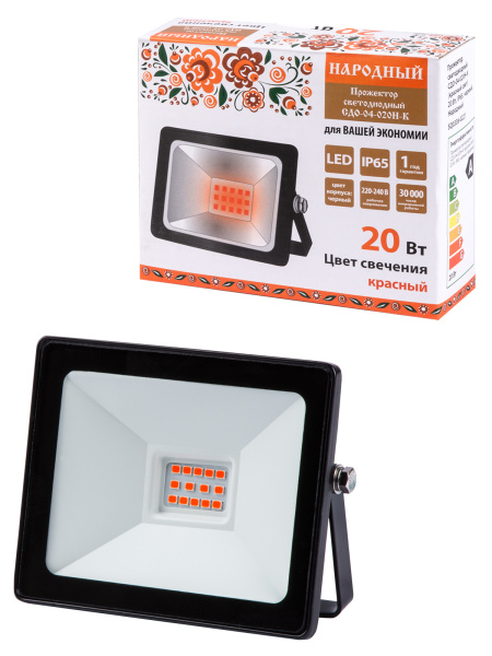 Прожектор светодиодный СДО-04-020Н-К (красный свет) 20 Вт, IP65, черный, Народный TDM