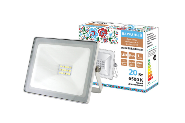 Прожектор светодиодный СДО-04-020Н 20 Вт, 6500 К, IP65, белый, Народный TDM
