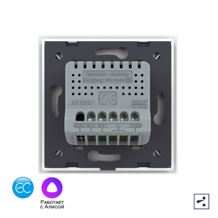 Двухклавишный проходной умный сенсорный выключатель EC, 1 пост, цвет белый Livolo