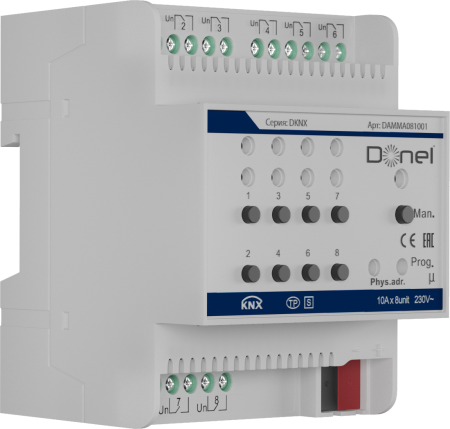 Donel KNX 8-канальный многофункциональный актуатор, 10A Установка на DIN-рейку, напряжение 230/400 В переменного тока, 50–60 Гц, Cерия DKNX