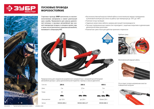 Пусковые провода 400 А, 3 м, морозостойкие, в сумке, ЗУБР