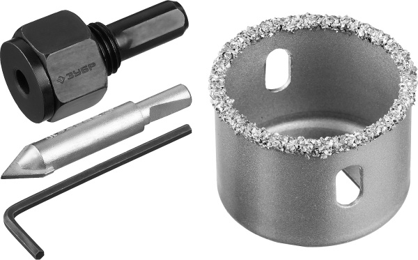 Коронка-чашка "Профессионал" c карбид-вольфрамовым нанесением, 38 мм, высота 25 мм, в сборе с державкой и сверлом ЗУБР