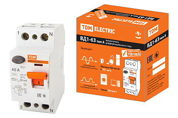 Устройство защитного отключения УЗО ВД1-63 2П 40А 30мА тип А TDM