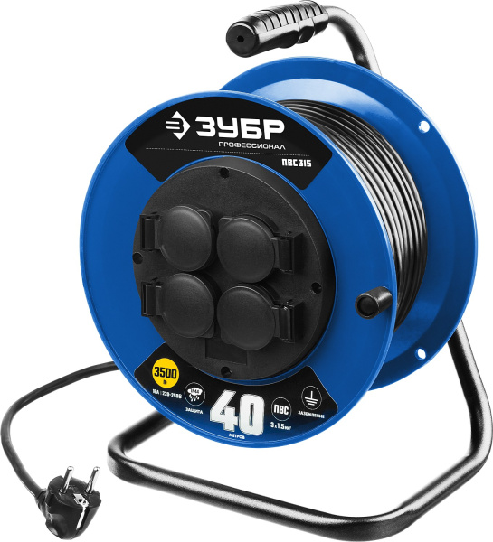 Силовой удлинитель на катушке ПВС 3х1.5 40м 3500Вт IP44, ПВС 315 ЗУБР