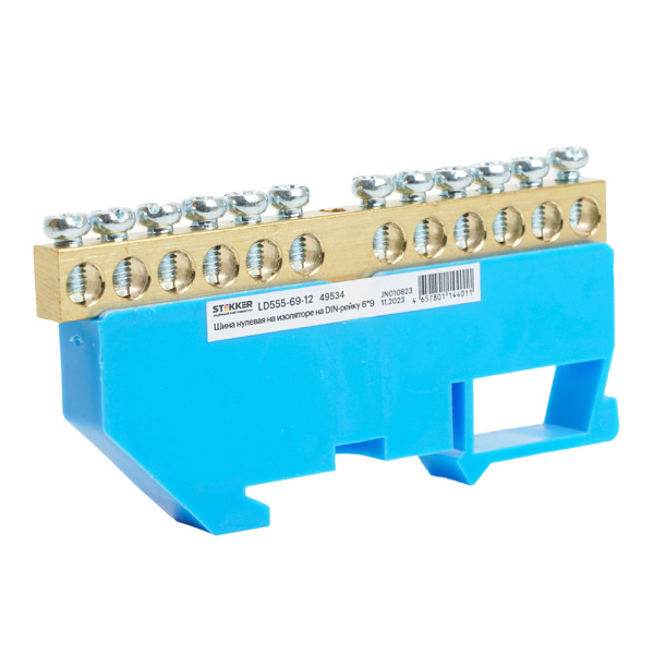 Шина "N" на изоляторе STEKKER 6*9 на DIN-рейку 12 выводов, синий, LD555-69-12